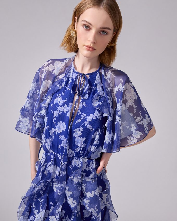 Chiffon Floral-Print Dress with Cape