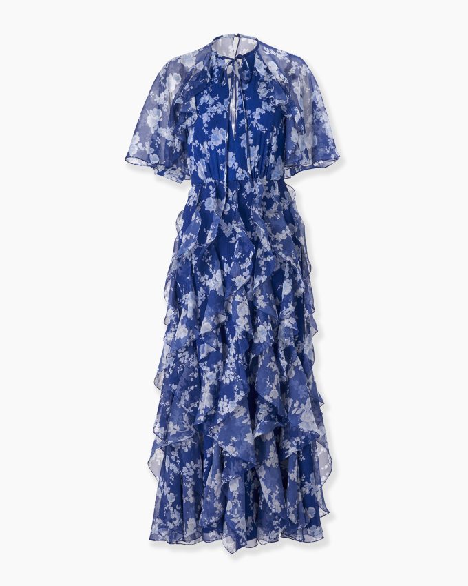 Chiffon Floral-Print Dress with Cape