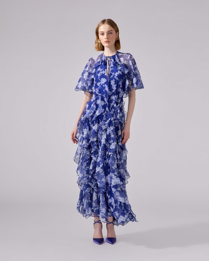 Chiffon Floral-Print Dress with Cape