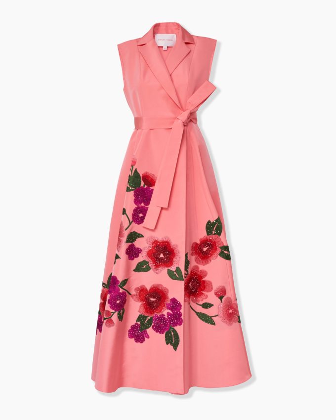 Floral-Embroidered Sleeveless Trench Gown