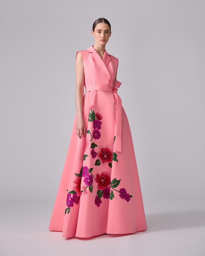Floral-Embroidered Sleeveless Trench Gown