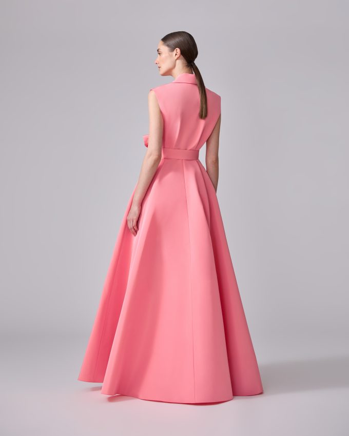 Floral-Embroidered Sleeveless Trench Gown
