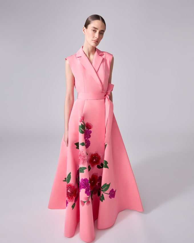 Floral-Embroidered Sleeveless Trench Gown