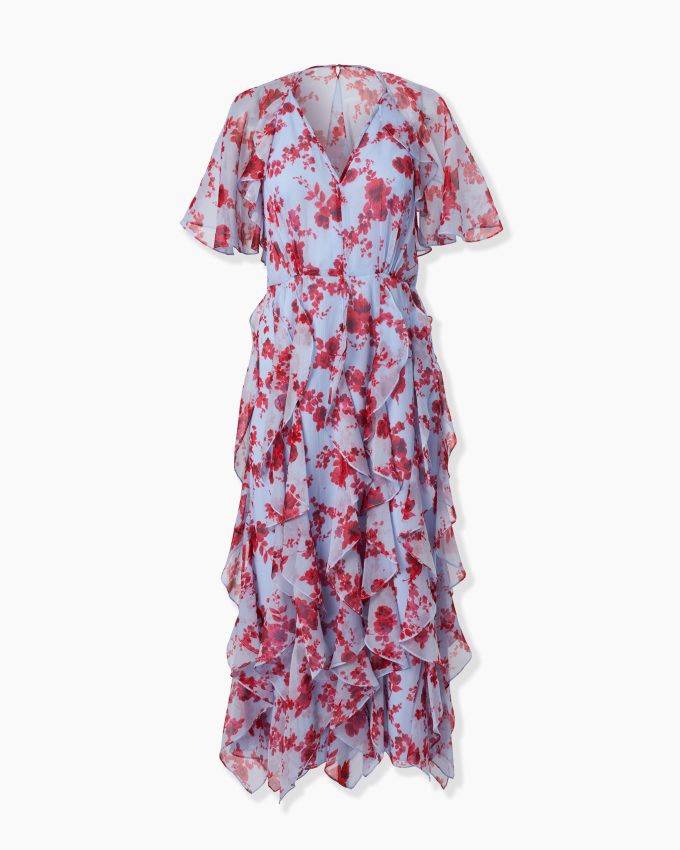 Chiffon Floral-Print Dress with Cape