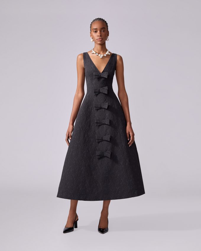 Floral Cloque Midi Dress with Bows