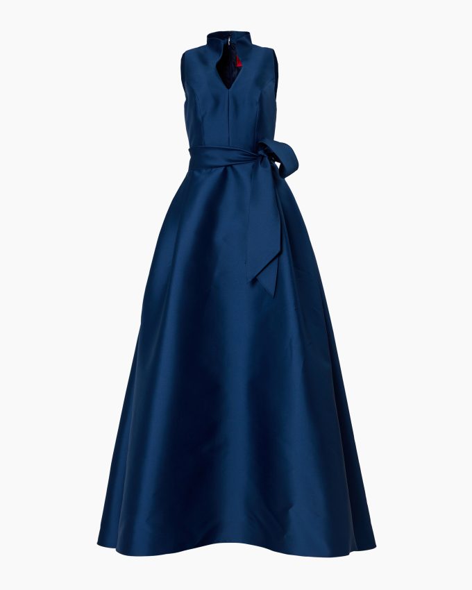 V-neck Gown With Stand Collar And Self Belt