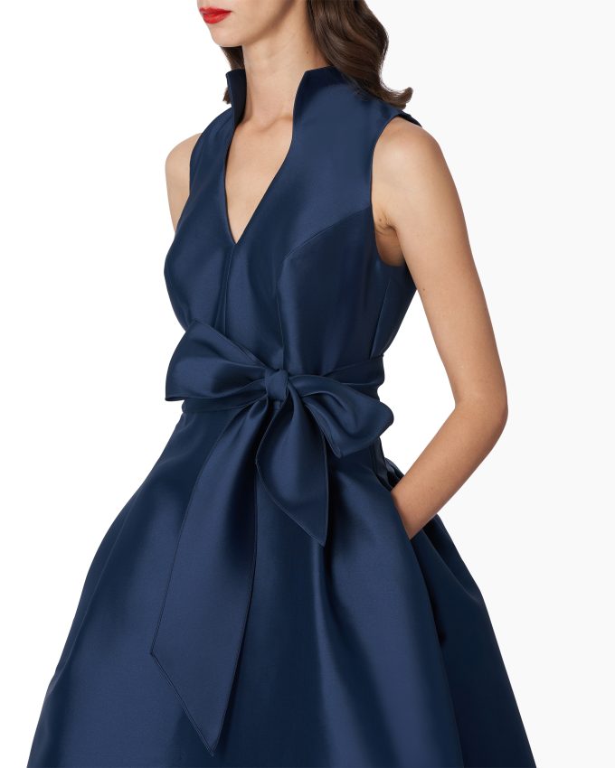 V-neck Gown With Stand Collar And Self Belt