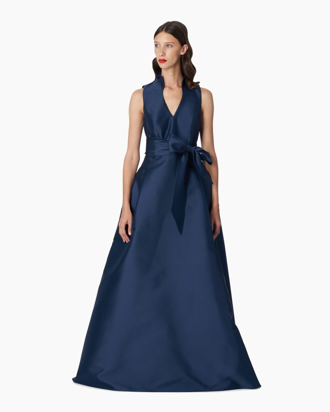 V-neck Gown With Stand Collar And Self Belt