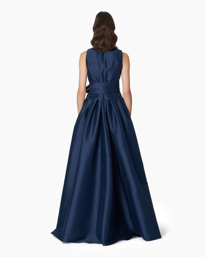 V-neck Gown With Stand Collar And Self Belt